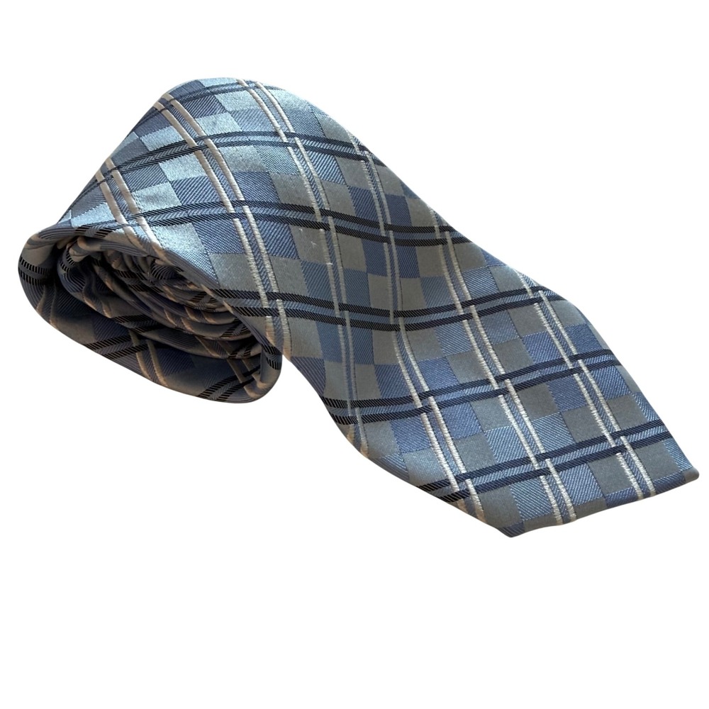 Geoffrey Beene Mens Light Blue Navy Plaid 100% Silk Handmade Necktie Classic‎